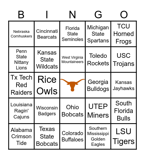 College Football Teams Bingo Card