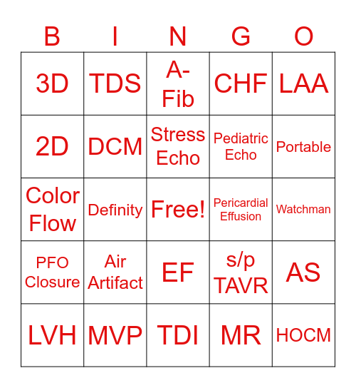 Cardiac Ultrasound Bingo Card
