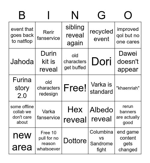 genshin 6.1 livestream Bingo Card