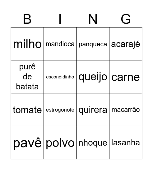 Comidas Bingo Card
