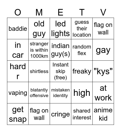 OmeTV Bingo Card