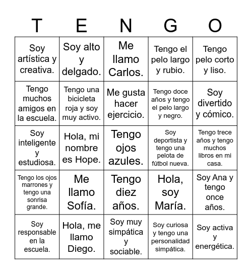 Soy y Tengo Descriptions Bingo Card