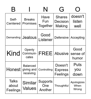 Relationship BINGO Card