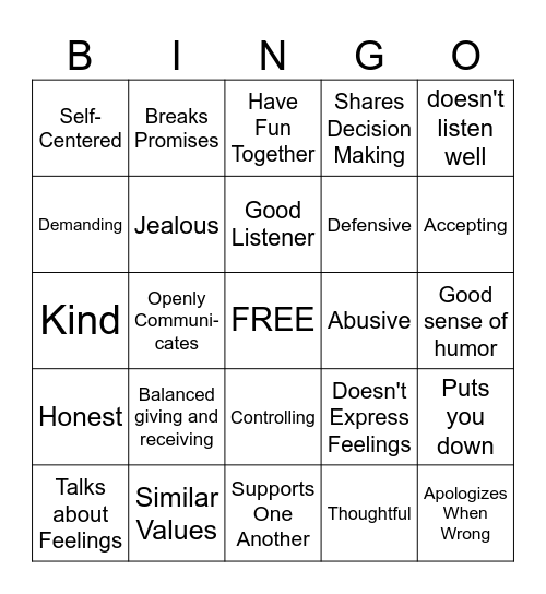 Relationship BINGO Card