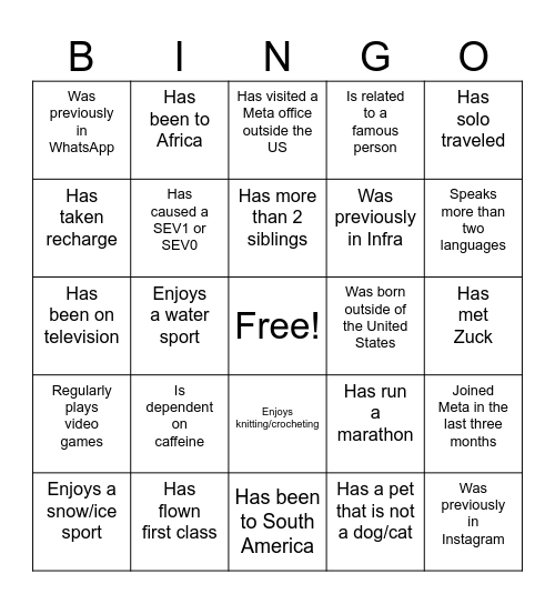 Meta Wearables R&E Bingo Card