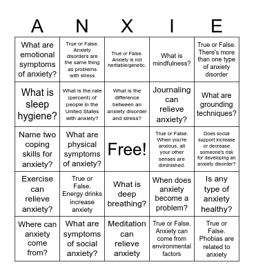 Education on Anxiety Bingo Card