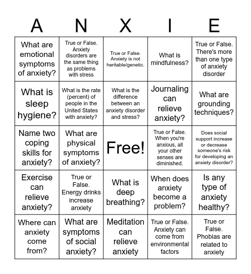 Education on Anxiety Bingo Card