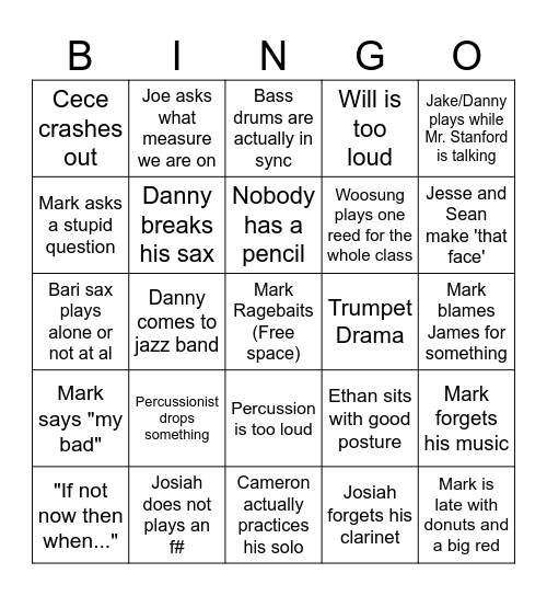 band Bingo Card