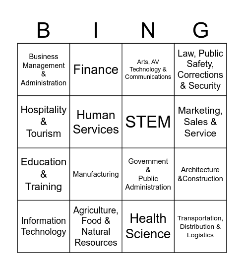 16 Career Clusters Bingo Card