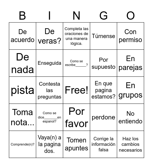 Frases utiles Bingo Card