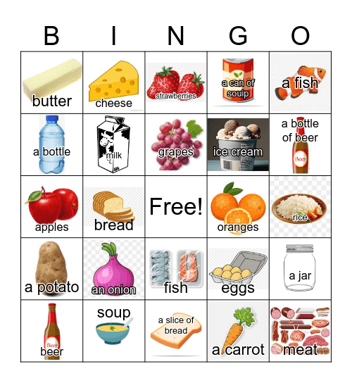 Food items with/without articles Bingo Card