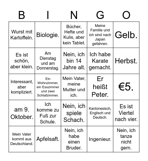 Wiederholung A1 Bingo Card