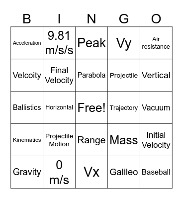 Projectile Motion Bingo Card