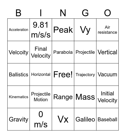 Projectile Motion Bingo Card