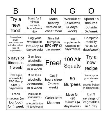 Fitness Bingo Card