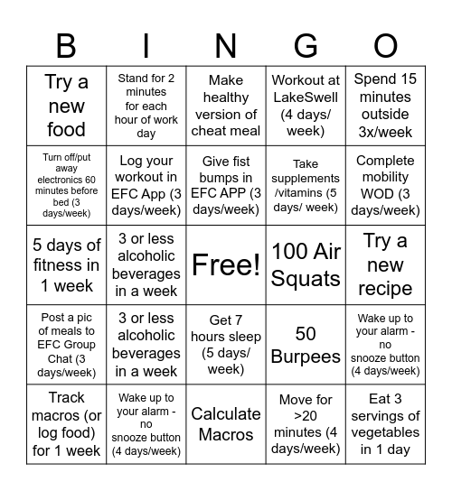 Fitness Bingo Card