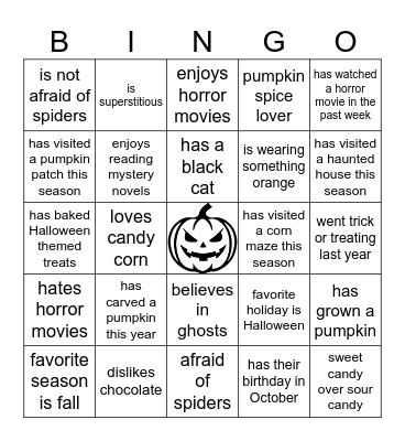 Halloween Find a Friend Bingo Card