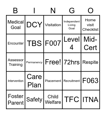 Foster Care Bingo Card