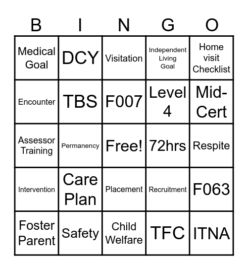 Foster Care Bingo Card