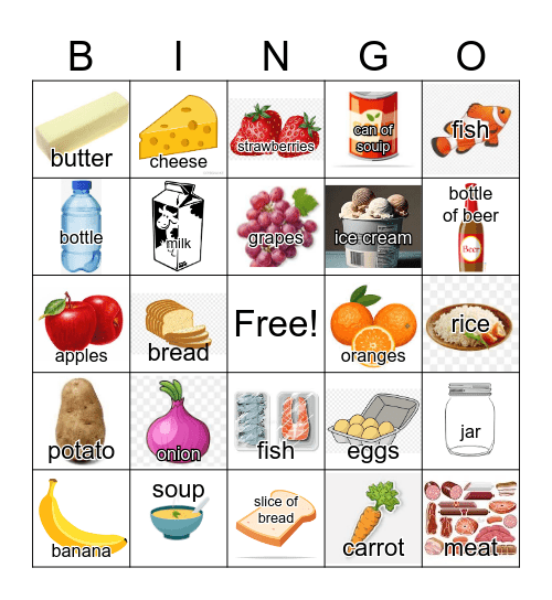 Food items without any articles Bingo Card