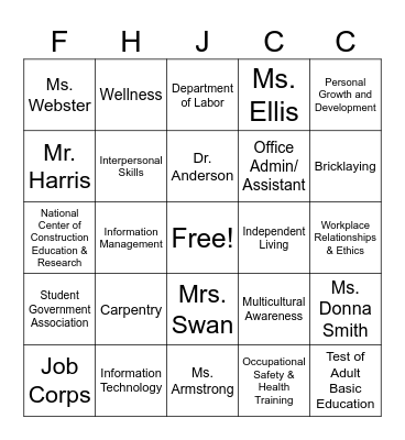 Finch-Henry Bingo Card