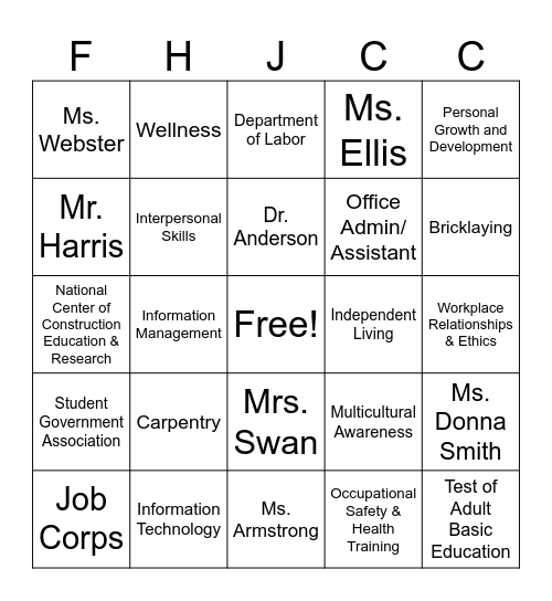 Finch-Henry Bingo Card