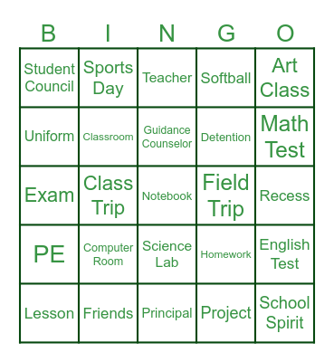 School Life Words Bingo Card