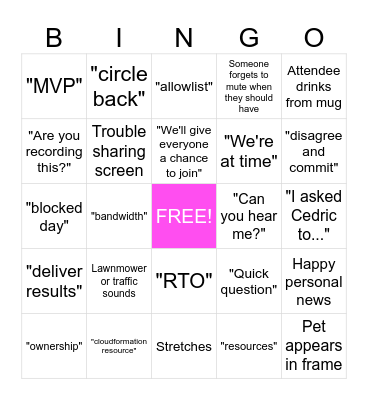 AWS TCX SD team meeting BINGO! Bingo Card