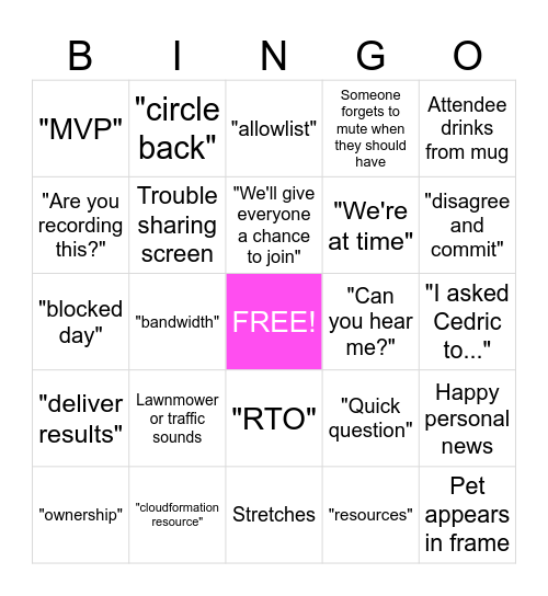 AWS TCX SD team meeting BINGO! Bingo Card