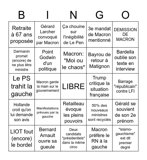 Gouvernement Lecornu Bingo Card