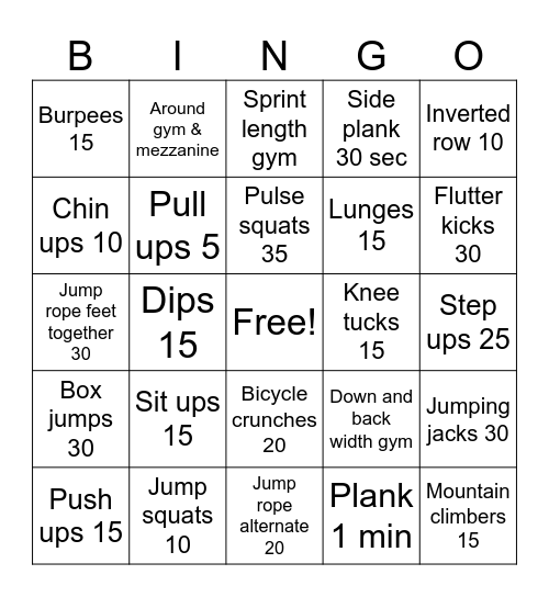 Workout Bingo Card