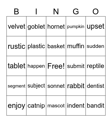 Syllable Division VC/CV Bingo Card
