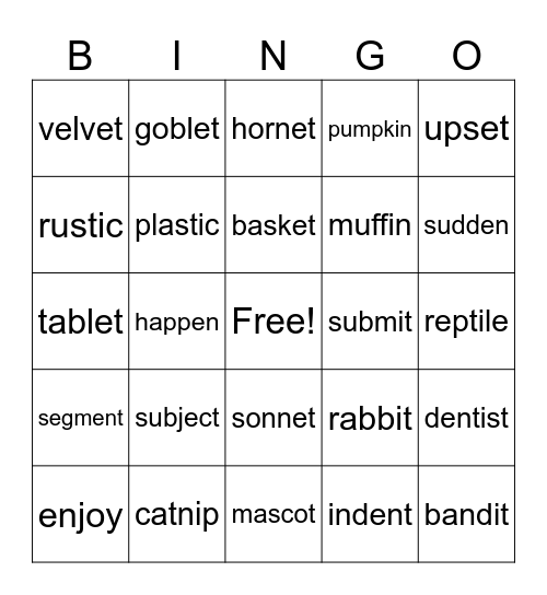 Syllable Division VC/CV Bingo Card