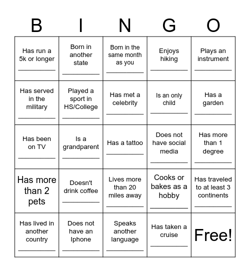Get to know your fellow coworkers by finding someone who fits each description and write down their name. Names cannot be used more than two times. 5 in a row gets the win! Place in the box when done. Bingo Card