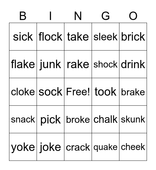 Level I-Final K sound Bingo Card