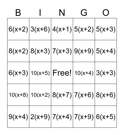 Distributive Property Bingo Card