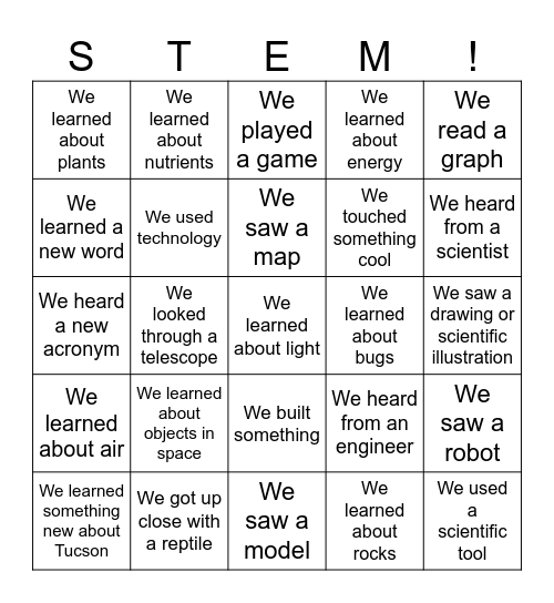 Arizona STEM Adventure Bingo Card