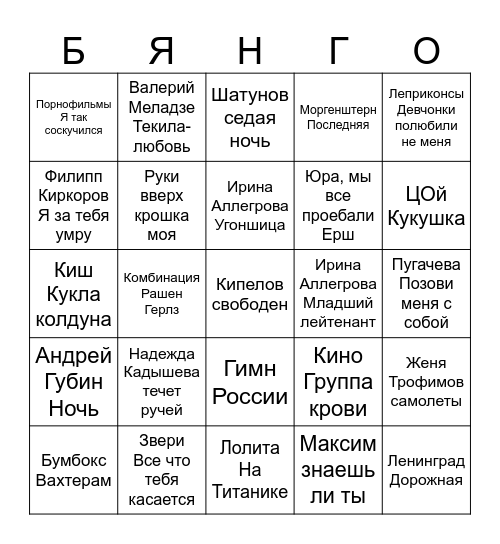 Безымянный Бинго Bingo Card