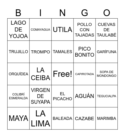 CULTURA DE HONDURAS Bingo Card