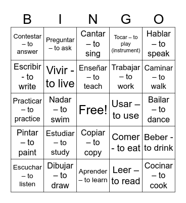 Spanish Regular Verbs Bingo Card
