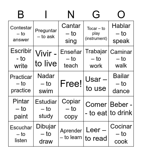 Spanish Regular Verbs Bingo Card
