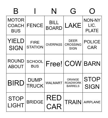 TRAVEL BUS BINGO Card