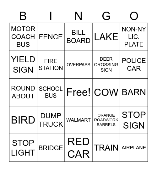 TRAVEL BUS BINGO Card
