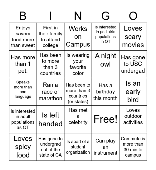 OTSC Fall KickOff Bingo Card