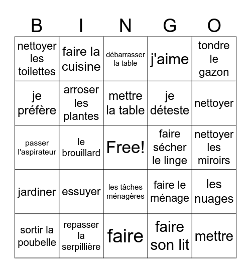 French Chores Bingo Card