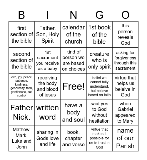 Theology of the Body wrap up Bingo Card