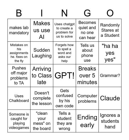 CSI 1420 Bingo Card
