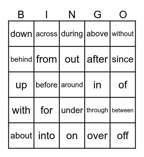 Prepositions Bingo Card