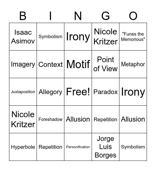 Lit Bingo Card