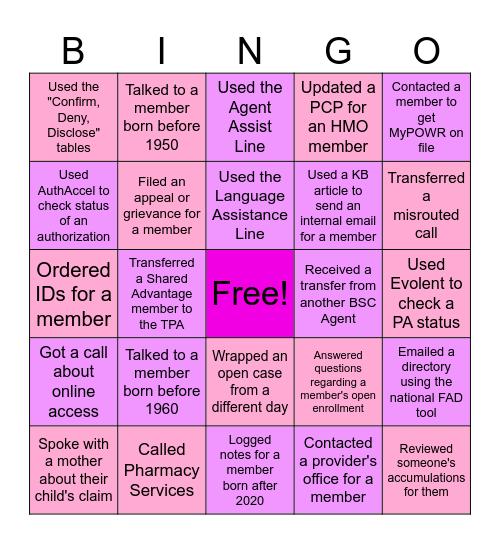 B&E Bingo! Bingo Card